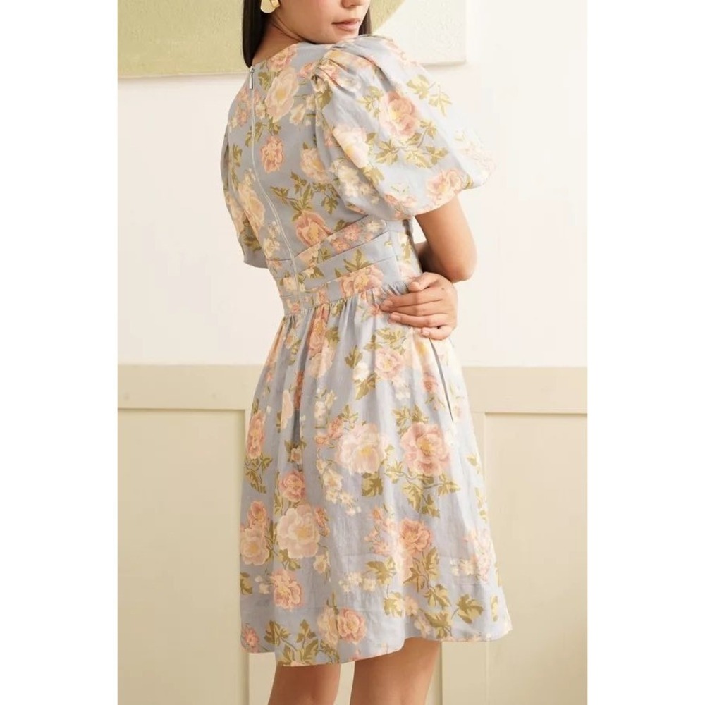 Yumi Kim Gayle Dress Sz XS Blue Pink Linen Blend Floral Puff Sleeve V Neck Midi - Picture 2 of 16